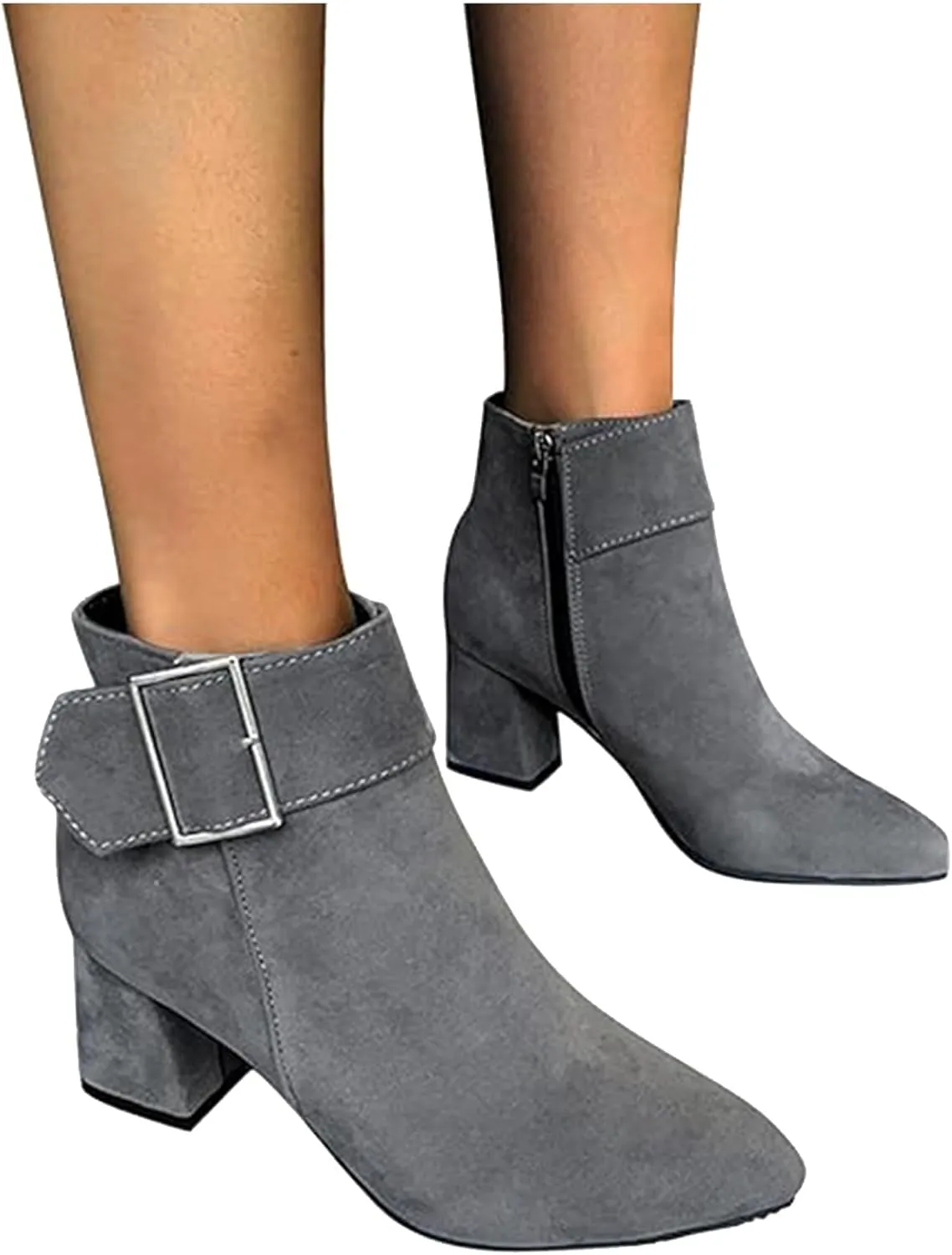 Ankle Boots for Women Fashion Short Dress Shoes with Side Zipper Chunky Block Mid Heel Fall Winter Boots with Belt Buckle