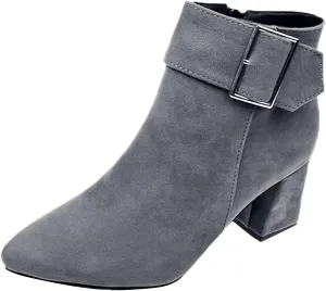 Ankle Boots for Women Fashion Short Dress Shoes with Side Zipper Chunky Block Mid Heel Fall Winter Boots with Belt Buckle