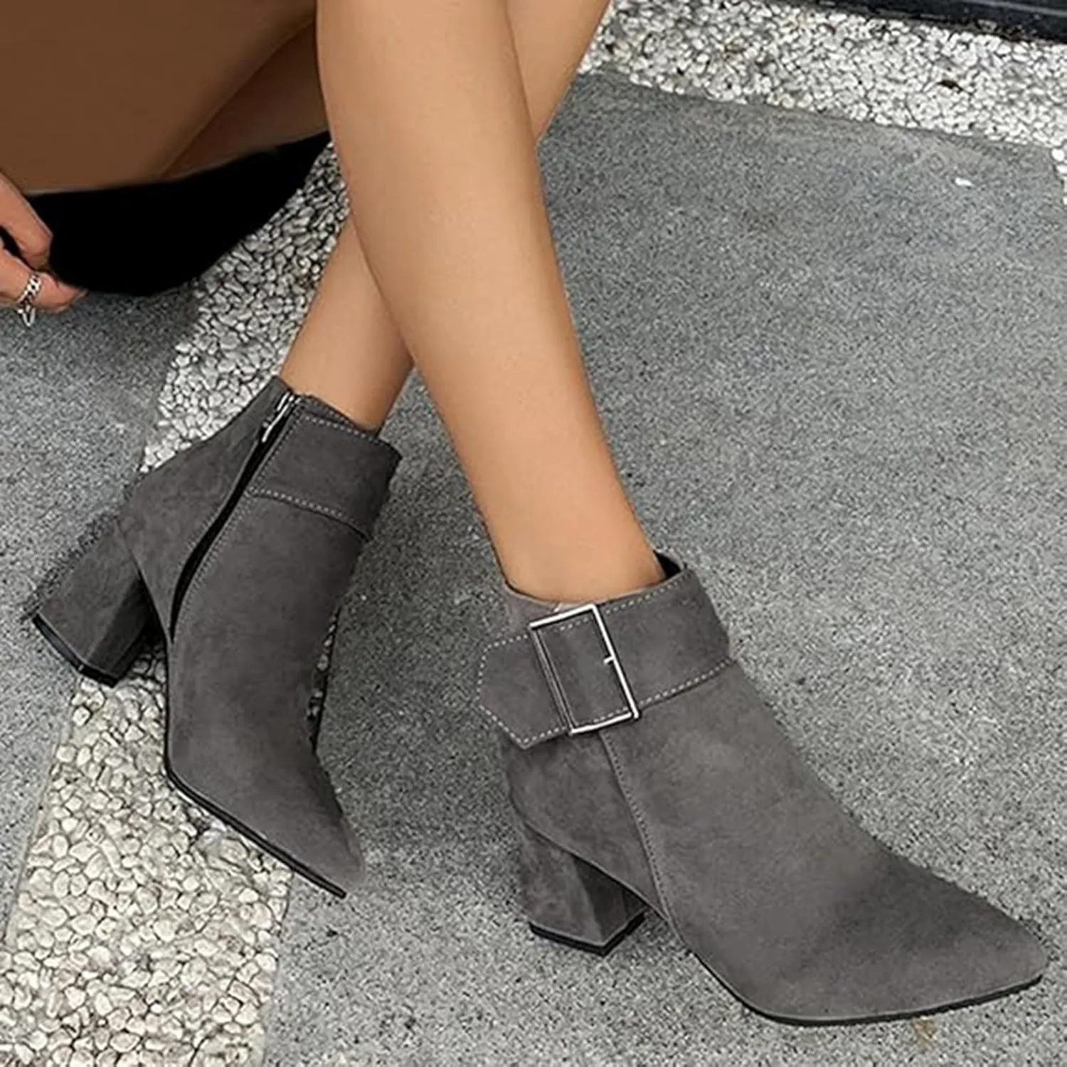 Ankle Boots for Women Fashion Short Dress Shoes with Side Zipper Chunky Block Mid Heel Fall Winter Boots with Belt Buckle