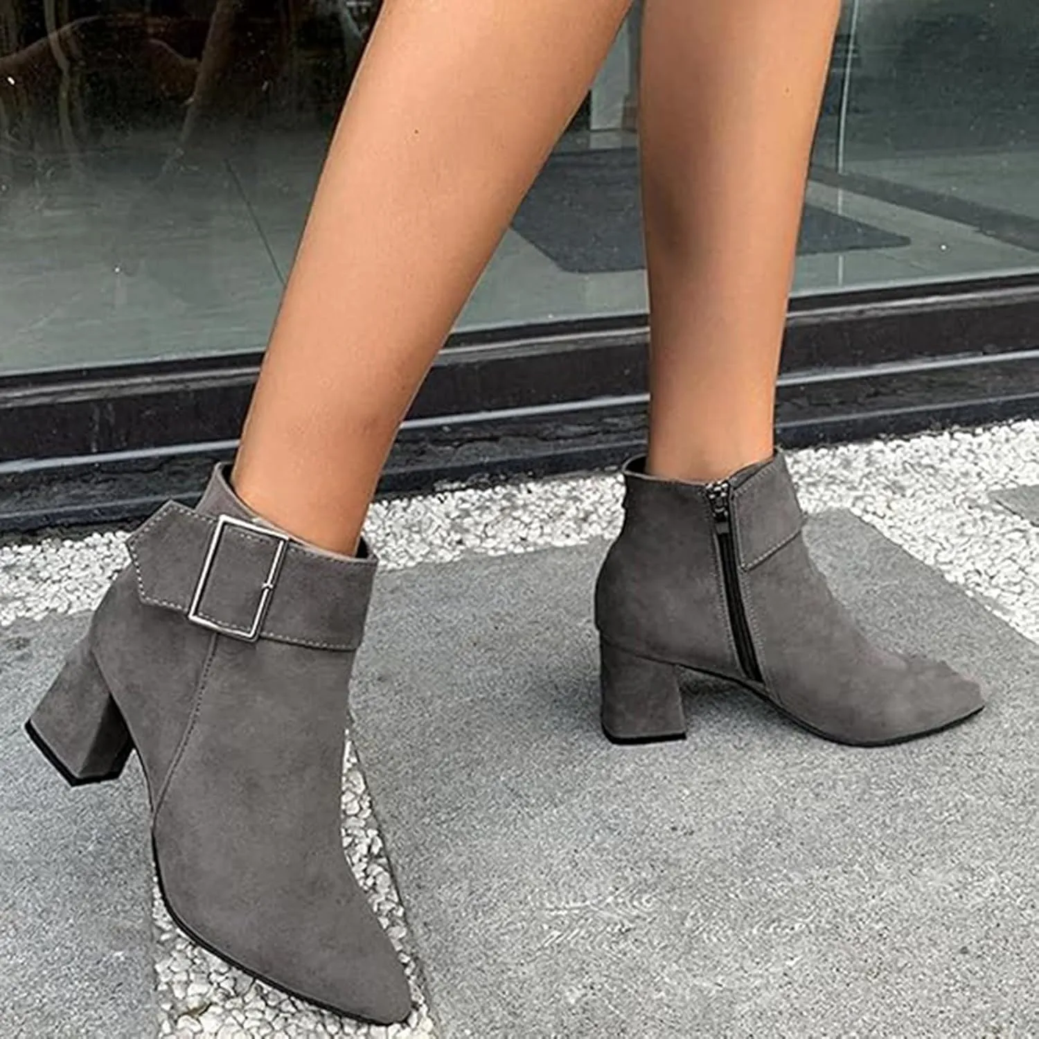 Ankle Boots for Women Fashion Short Dress Shoes with Side Zipper Chunky Block Mid Heel Fall Winter Boots with Belt Buckle