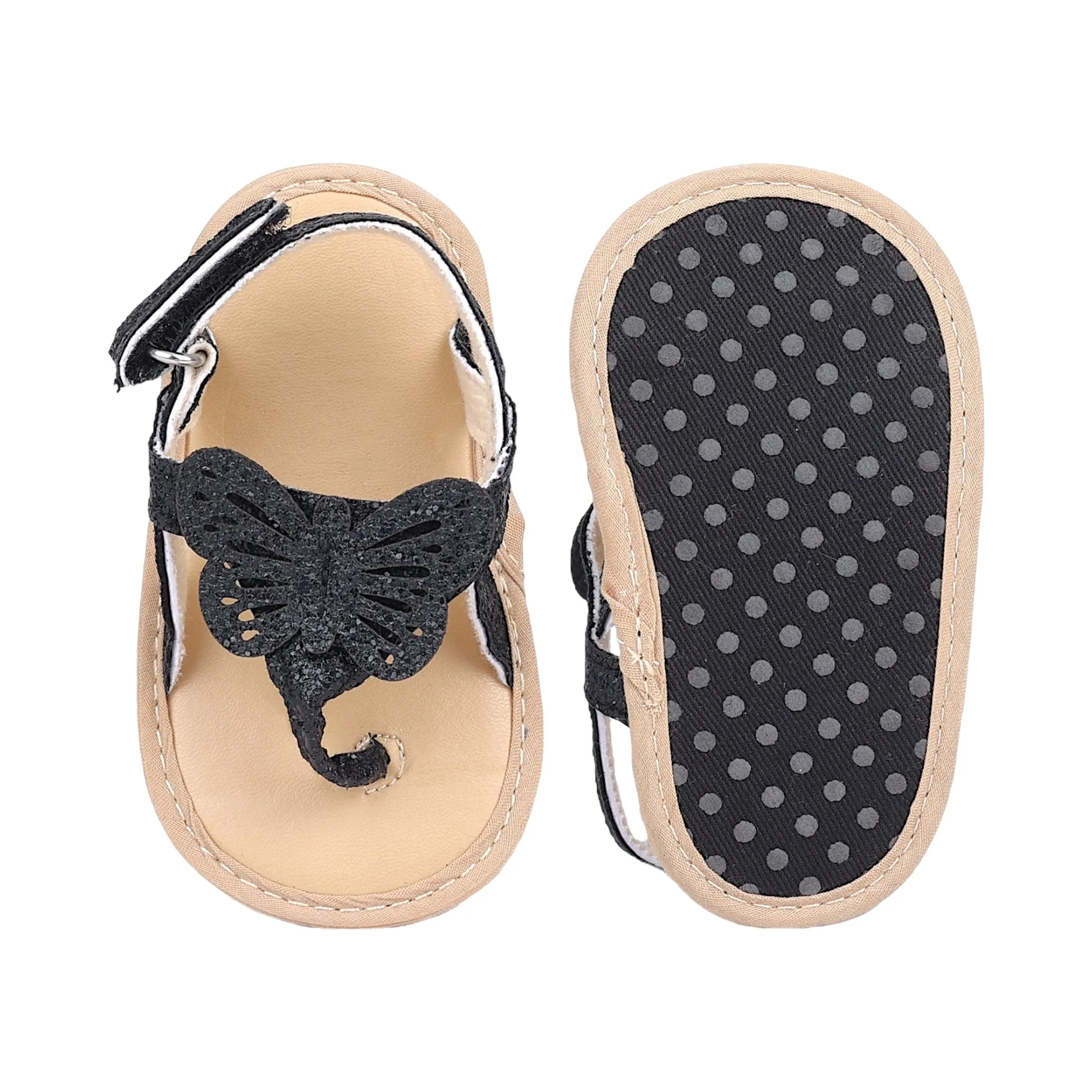 Baby Moo Sequin Butterfly Velcro Straps Anti-Skid Open Toe Sandals - Black