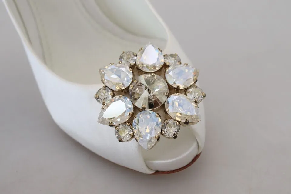 Crystal-Embellished White Peep Toe Heels