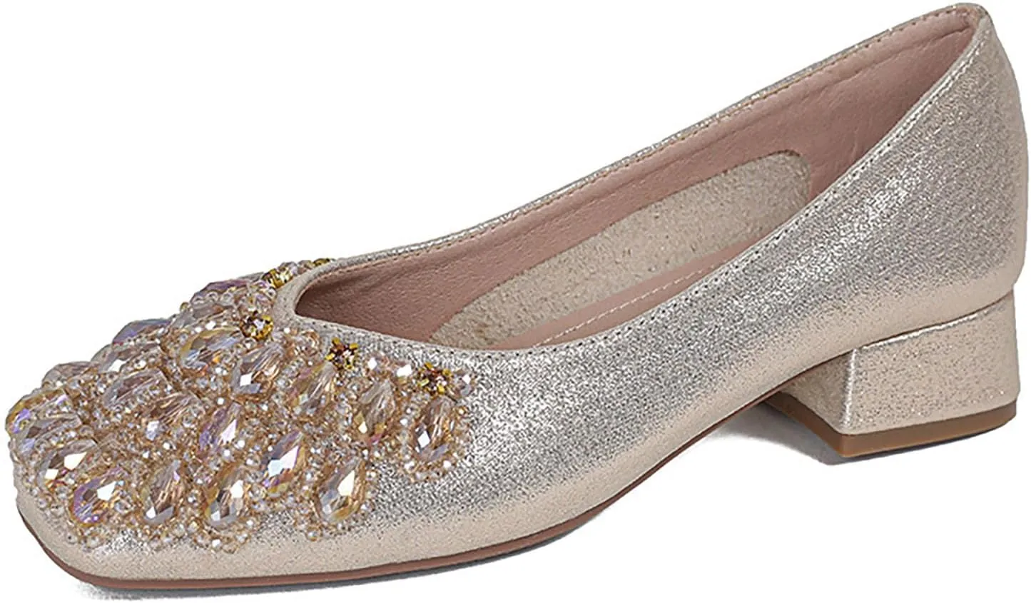 DESESE Women's Rhinestone Flats Sequins Wedding Shoes Fashion Low Heel Dress Shoes Casual Slip On Shoes Work Business Flats