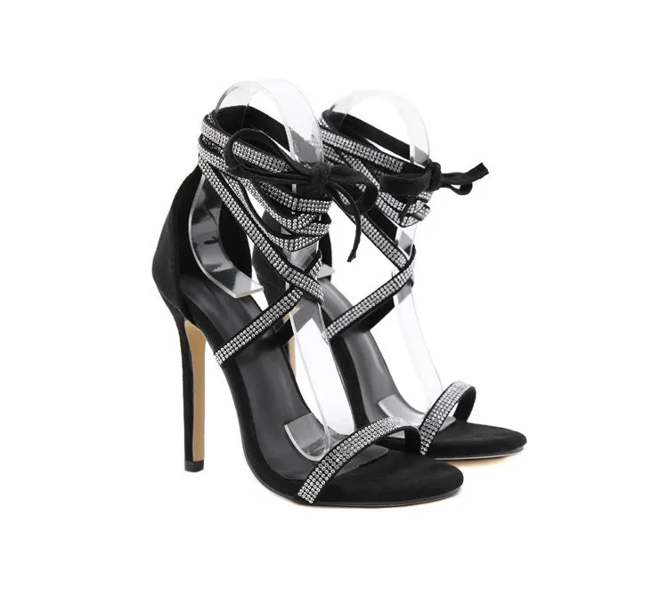 Gladiator Women Sandals Fashion Black Ankle Strap Crystal Lace-Up Open Toe High Heels