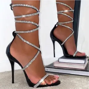 Gladiator Women Sandals Fashion Black Ankle Strap Crystal Lace-Up Open Toe High Heels