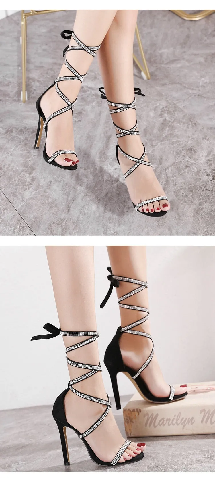 Gladiator Women Sandals Fashion Black Ankle Strap Crystal Lace-Up Open Toe High Heels