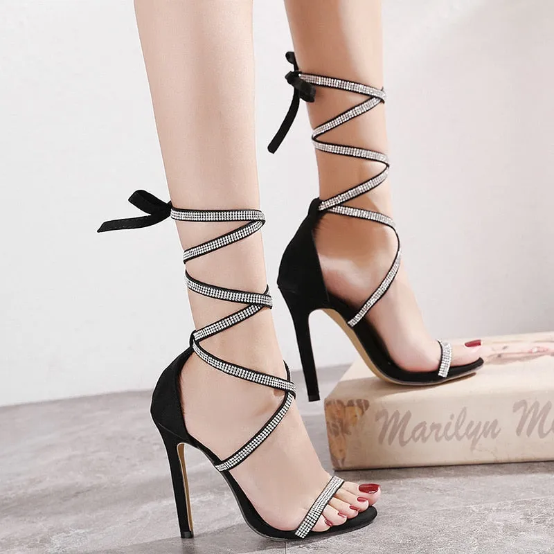 Gladiator Women Sandals Fashion Black Ankle Strap Crystal Lace-Up Open Toe High Heels