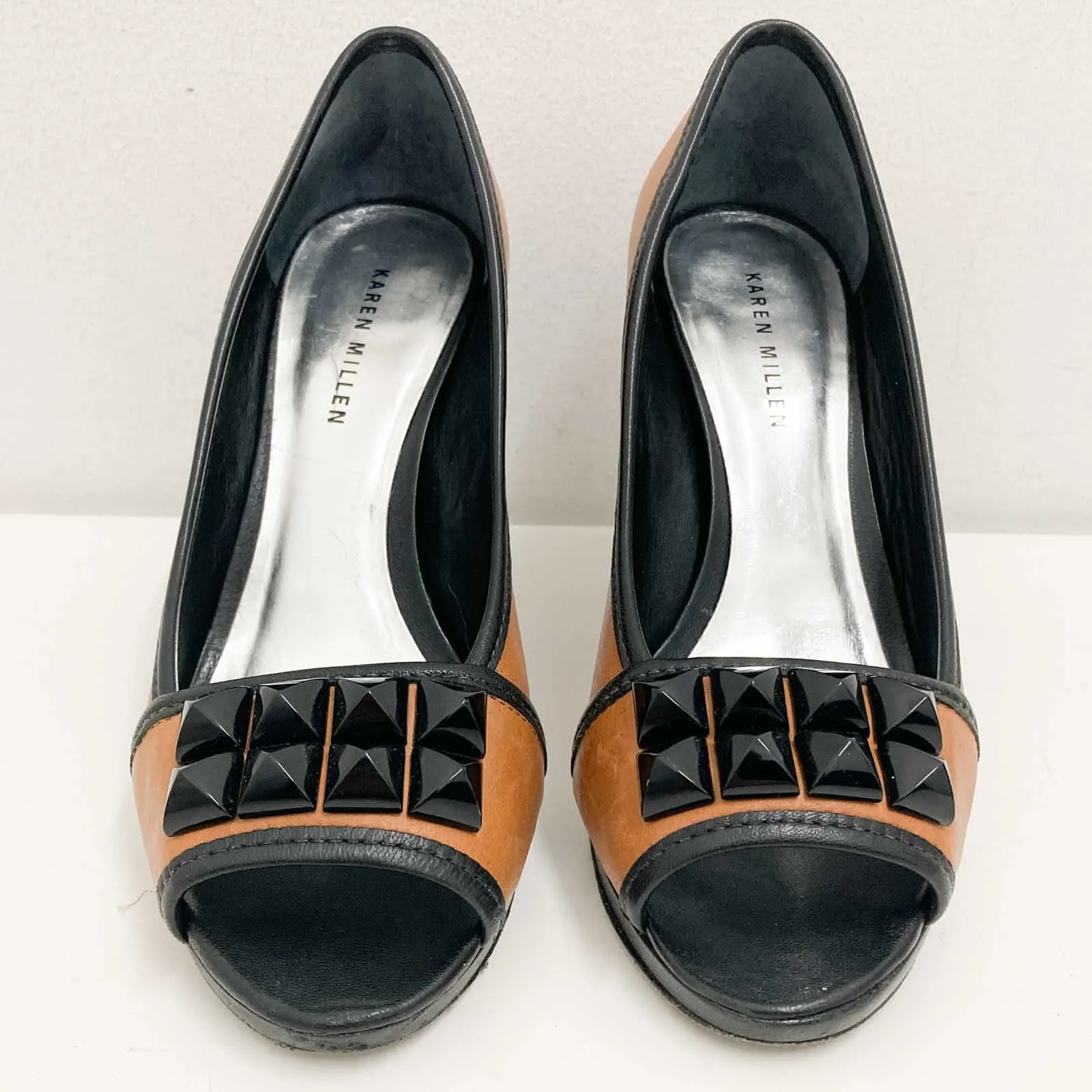 Karen Millen Shoes Size 37.5 UK 4.5 Tan Black Leather Peep Toe Heels Y2K