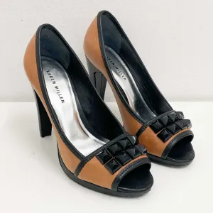 Karen Millen Shoes Size 37.5 UK 4.5 Tan Black Leather Peep Toe Heels Y2K