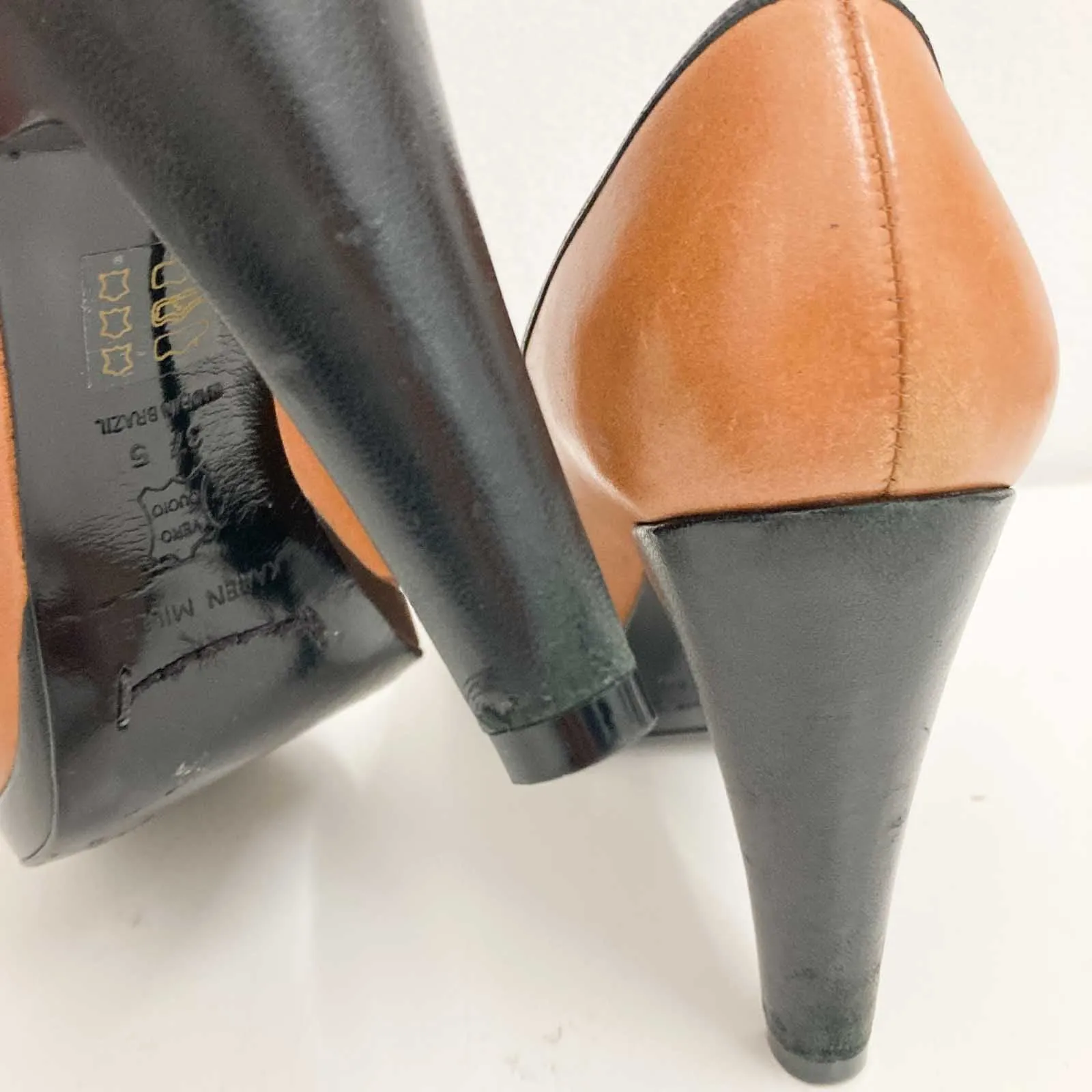 Karen Millen Shoes Size 37.5 UK 4.5 Tan Black Leather Peep Toe Heels Y2K