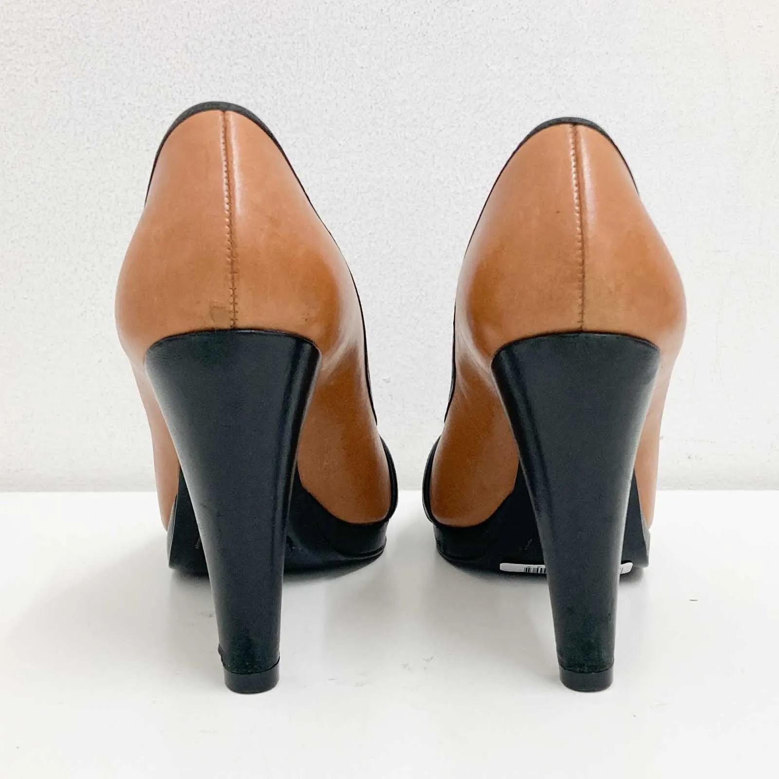 Karen Millen Shoes Size 37.5 UK 4.5 Tan Black Leather Peep Toe Heels Y2K