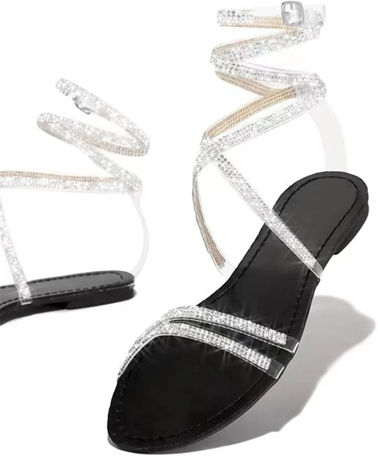 Ladmiple Sandals for Women 2023 Fashion Strappy Crystal Sandals Casual Beach Party Open Toe Flats Sandal Dressy Summer