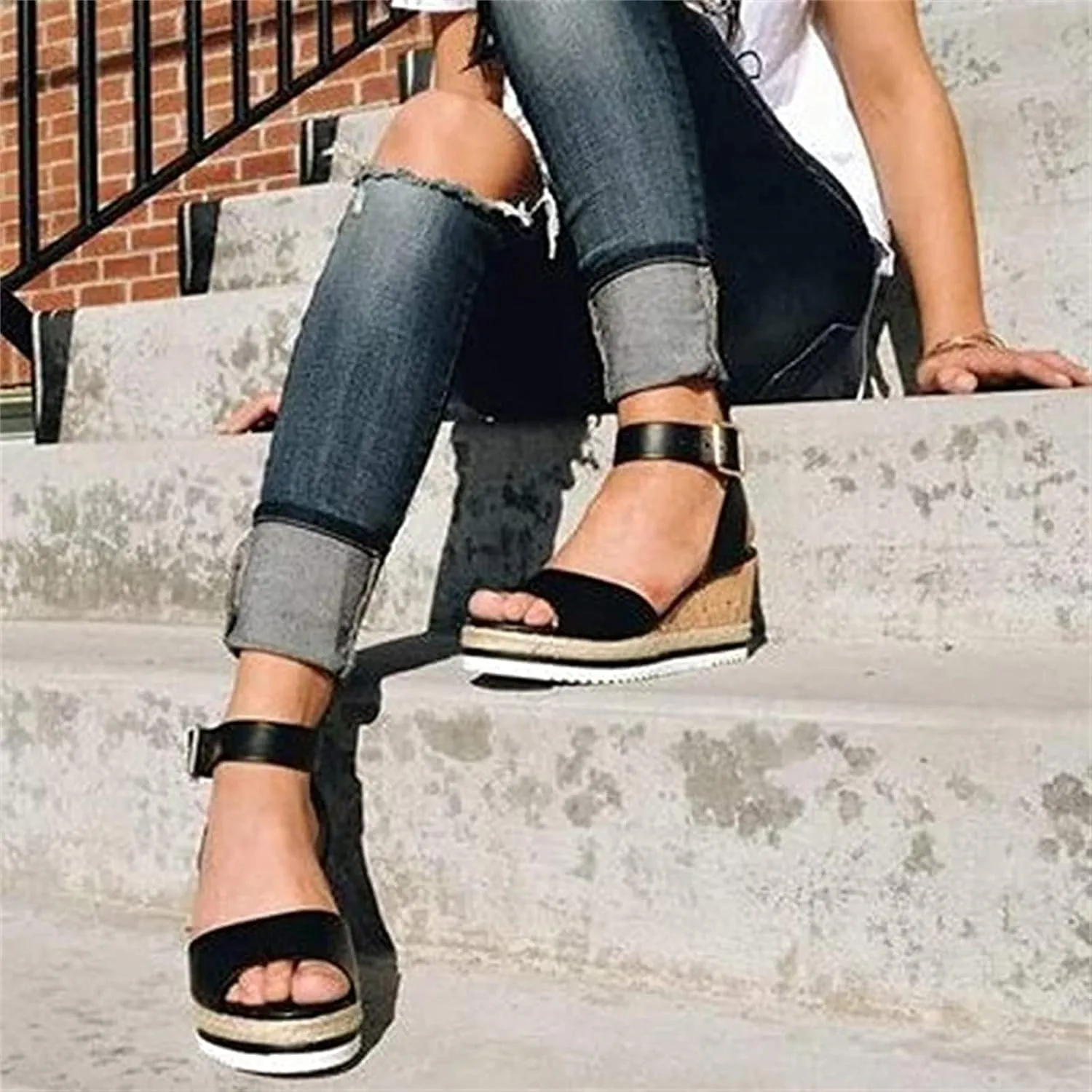 Ladmiple Summer Sandals for Women 2023 Fashion Floral Platform Ankle Strap Wedge Sandals Open Toe Comfy High Heel Shoes