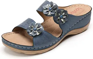 Ladmiple Womens Casual Summer Flower Orthopedic Wedge Flip Flops Arch Support Beach Roman Open Toe Slip On Slide Shoes