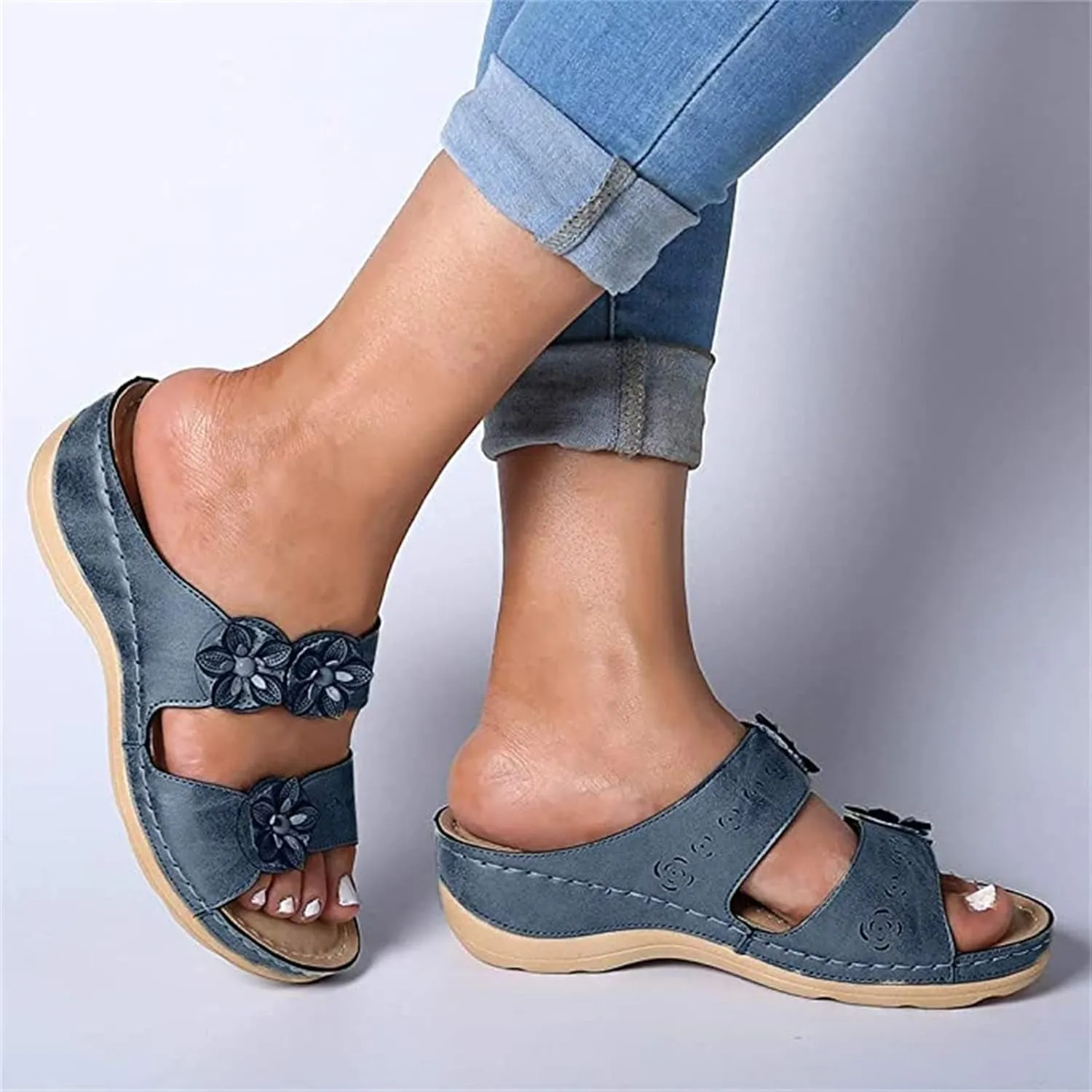 Ladmiple Womens Casual Summer Flower Orthopedic Wedge Flip Flops Arch Support Beach Roman Open Toe Slip On Slide Shoes