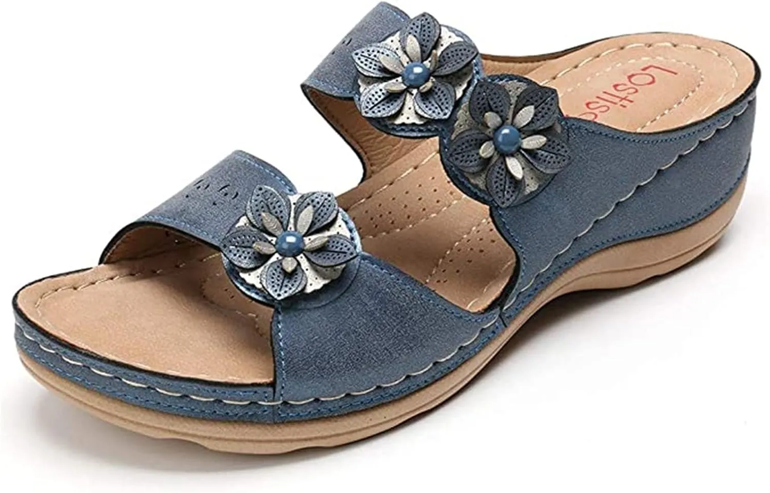 Ladmiple Womens Casual Summer Flower Orthopedic Wedge Flip Flops Arch Support Beach Roman Open Toe Slip On Slide Shoes