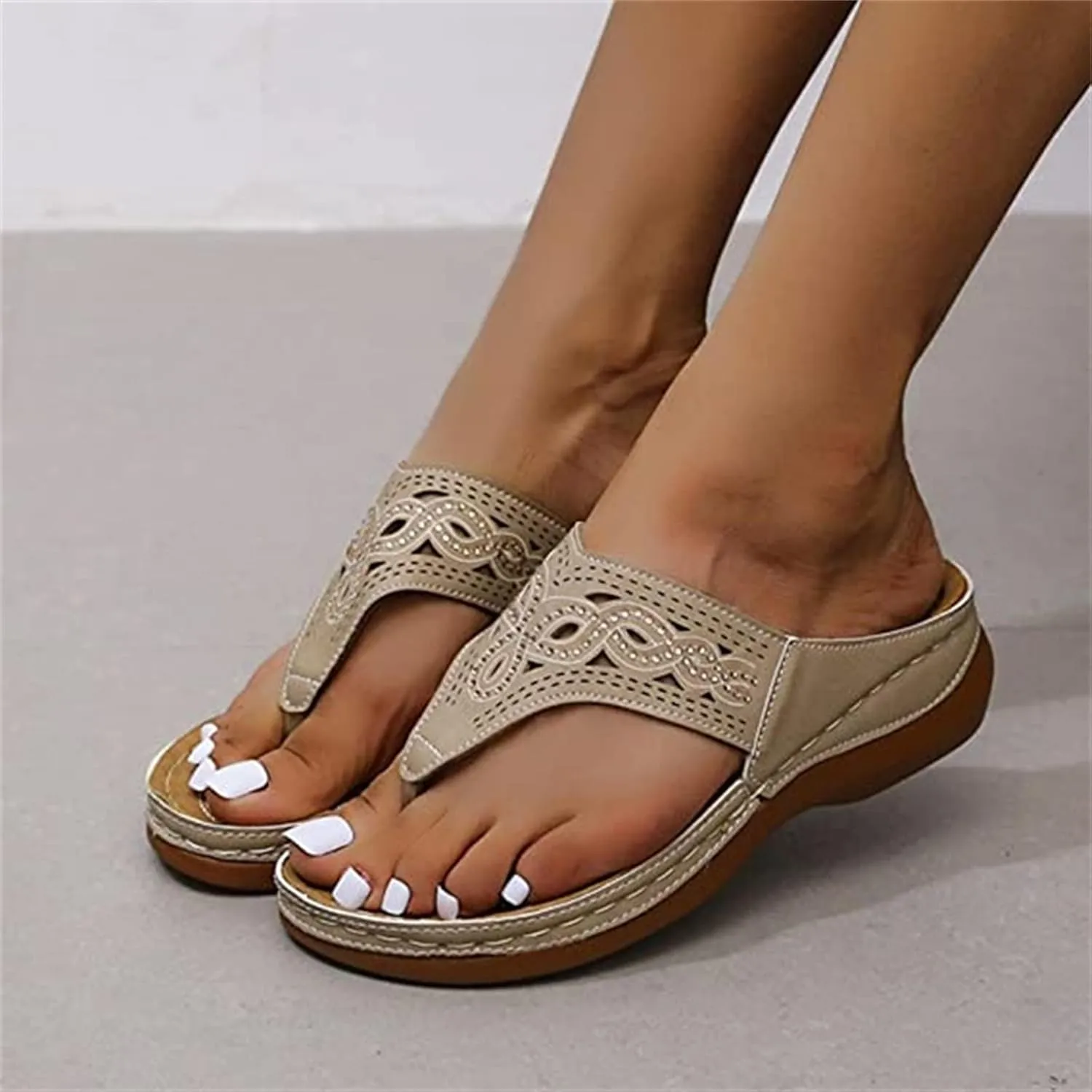 Ladmiple Womens Casual Summer Hollow Out Orthopedic Platform Flip Flops Arch Support Beach Roman Clip Toe Slip On Shoes