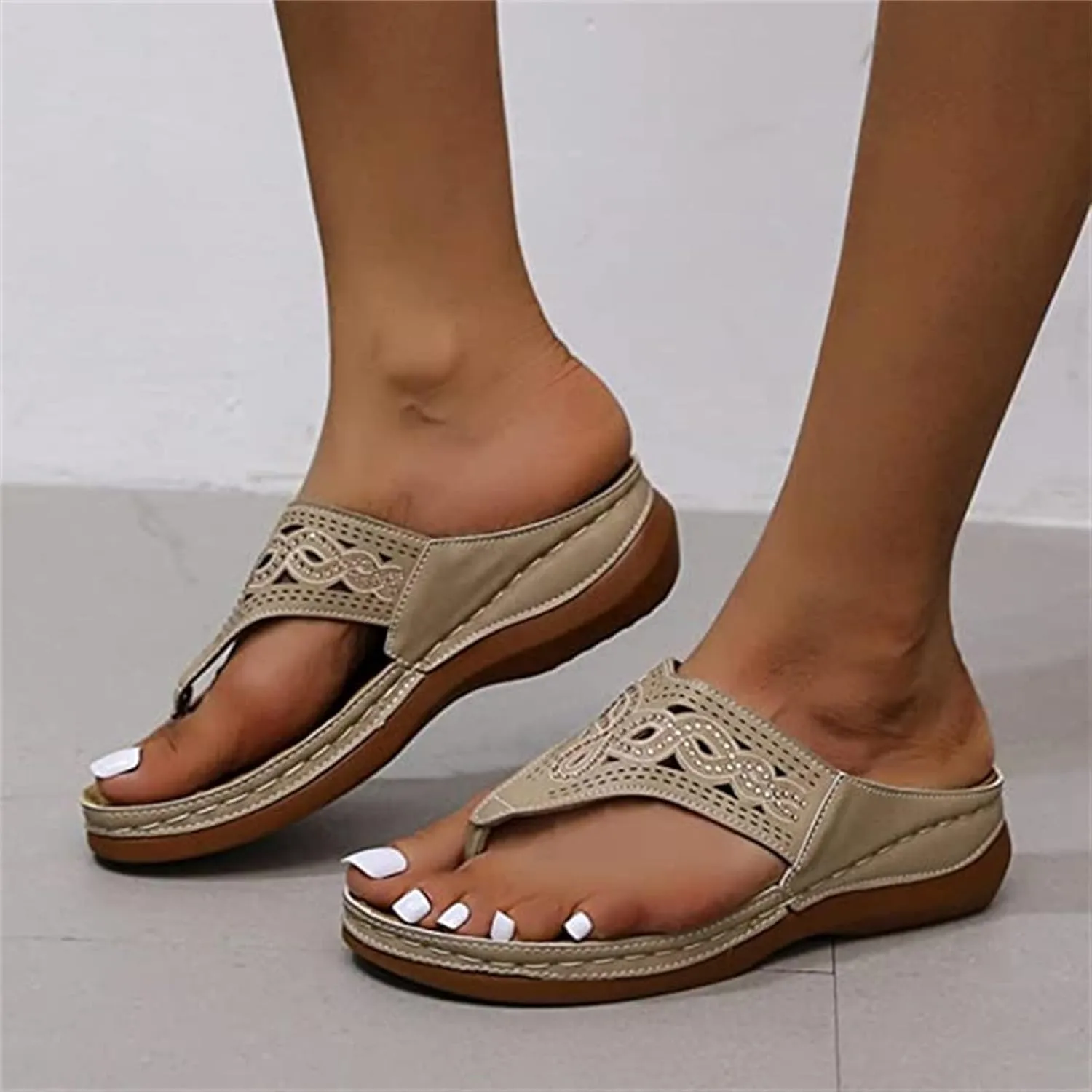 Ladmiple Womens Casual Summer Hollow Out Orthopedic Platform Flip Flops Arch Support Beach Roman Clip Toe Slip On Shoes