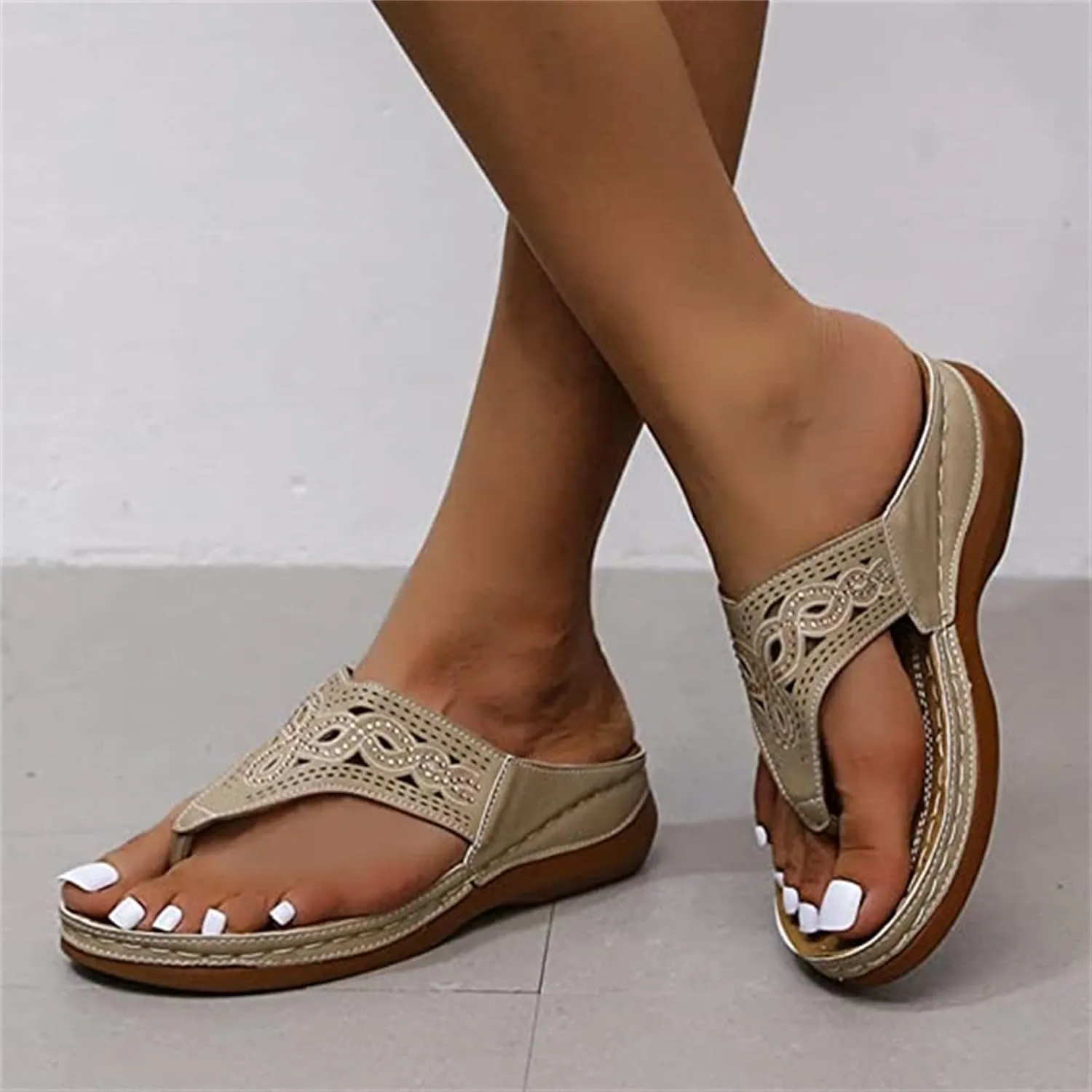 Ladmiple Womens Casual Summer Hollow Out Orthopedic Platform Flip Flops Arch Support Beach Roman Clip Toe Slip On Shoes