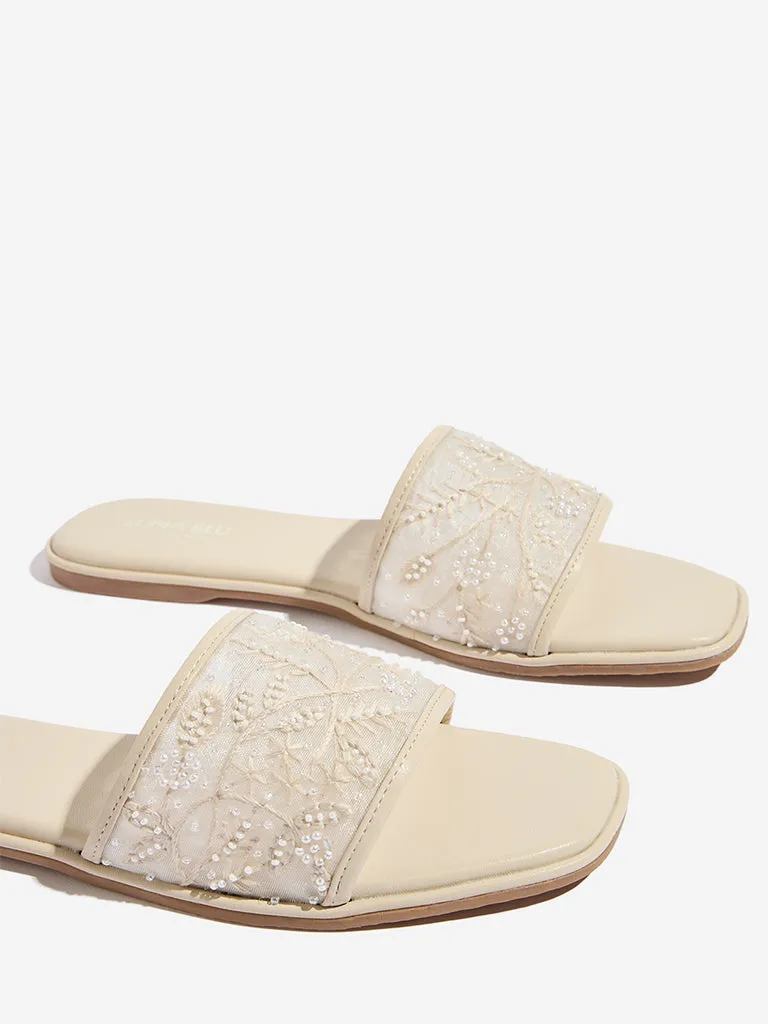 LUNA BLU Off-White Floral Embroidered Slides