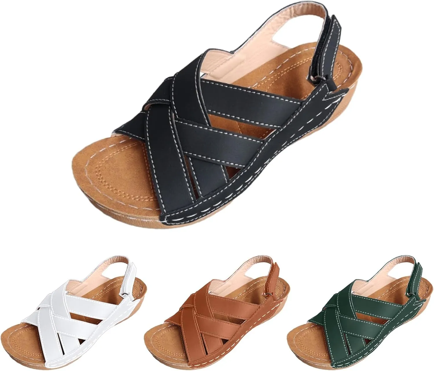Orthopedic Sandals for Women Summer Wedge Platform Sandals Open Toe Cross Ankle Strap Flat Shoes, Casual Beach Outdoor Walking Slippers Comfortable Platform Leather Loafers