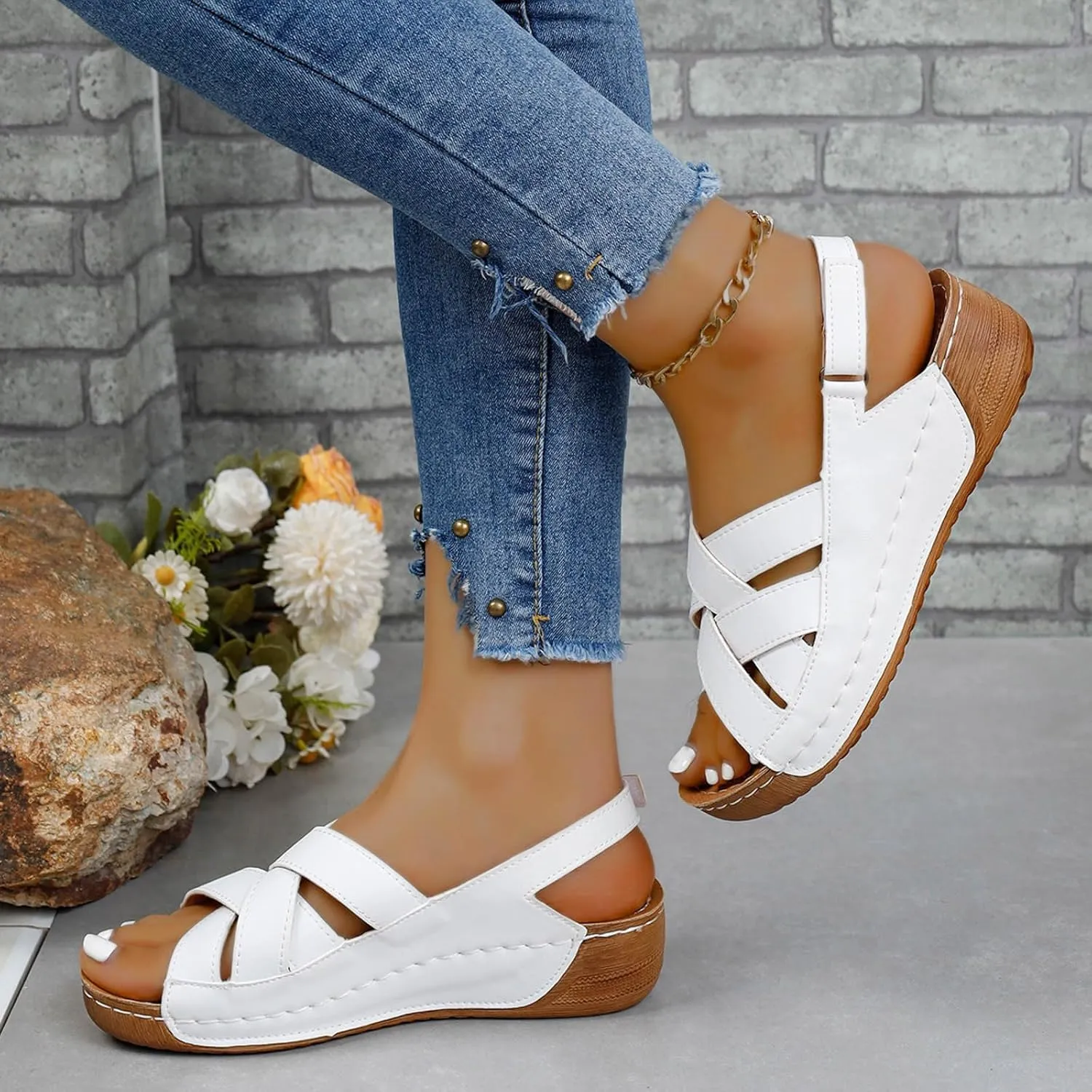Orthopedic Sandals for Women Summer Wedge Platform Sandals Open Toe Cross Ankle Strap Flat Shoes, Casual Beach Outdoor Walking Slippers Comfortable Platform Leather Loafers