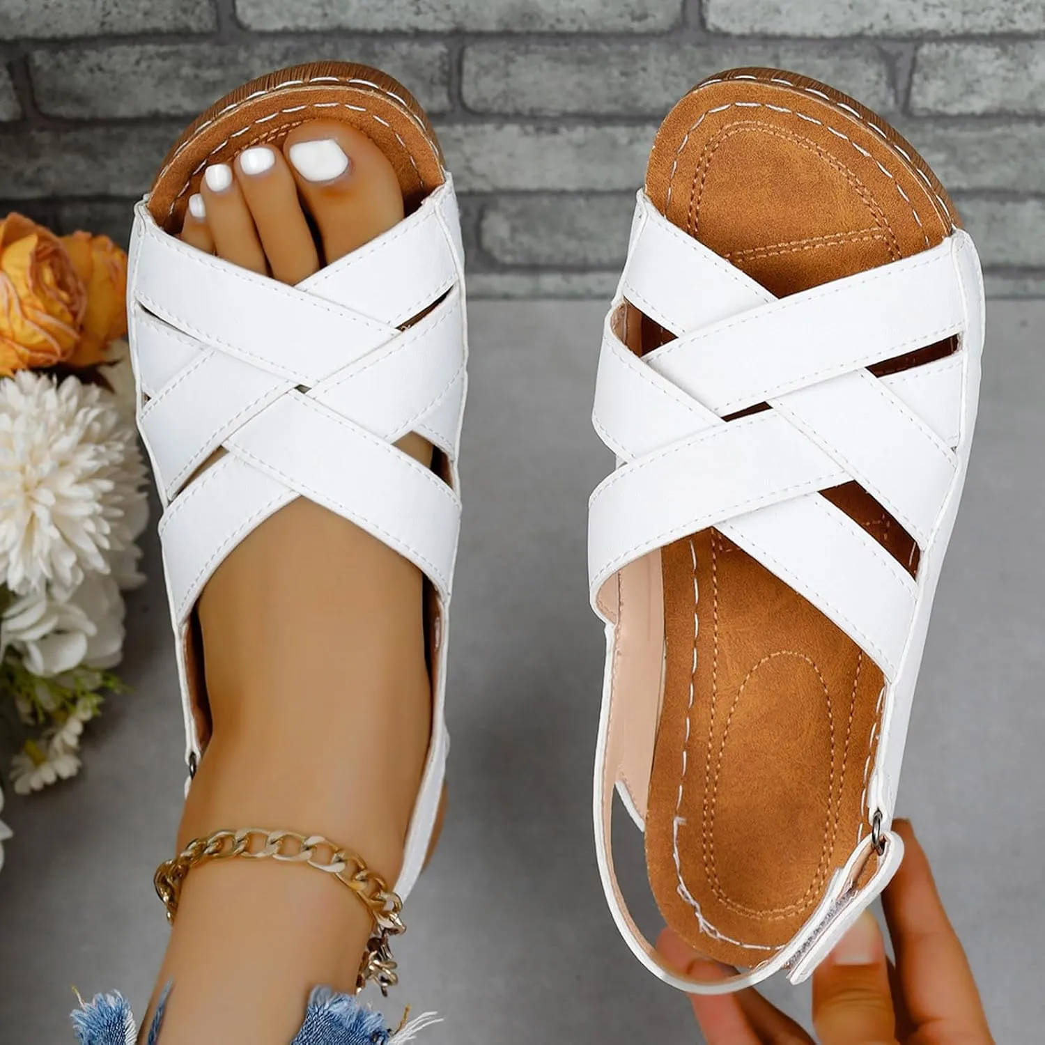 Orthopedic Sandals for Women Summer Wedge Platform Sandals Open Toe Cross Ankle Strap Flat Shoes, Casual Beach Outdoor Walking Slippers Comfortable Platform Leather Loafers