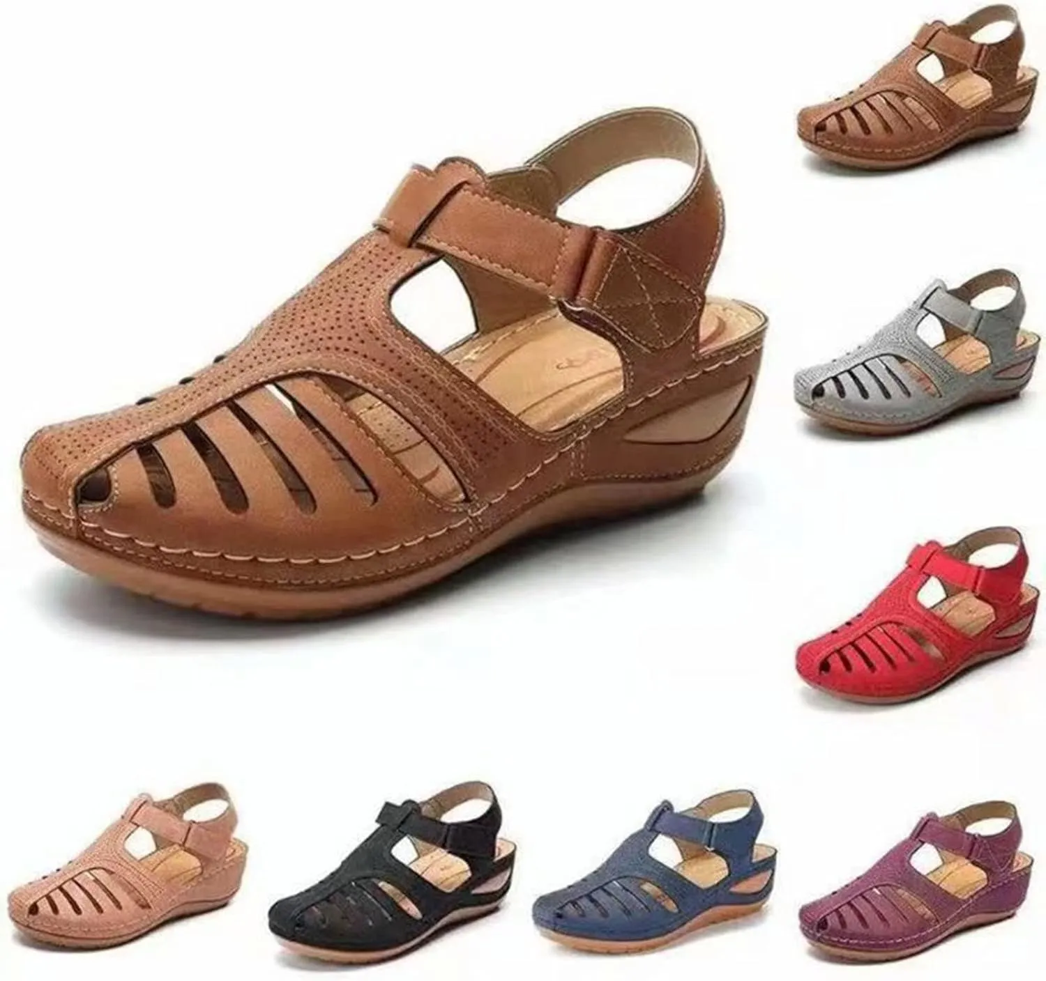Orthopedic Sandals for Women with Arch Support Summer Ankle Strap Non-Slip Hollow Out Wedge Sandal Comfortable Closed Toe Sandals Casual Bohemia Gladiator Outdoor Wedges Slip On Walking Shoes