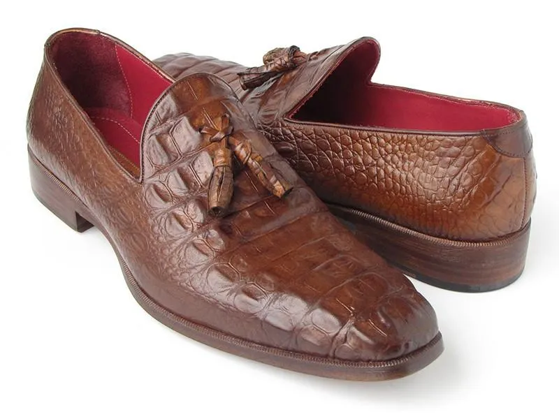 Paul Parkman Men's Brown Crocodile Embossed Calfskin Tassel Loafers