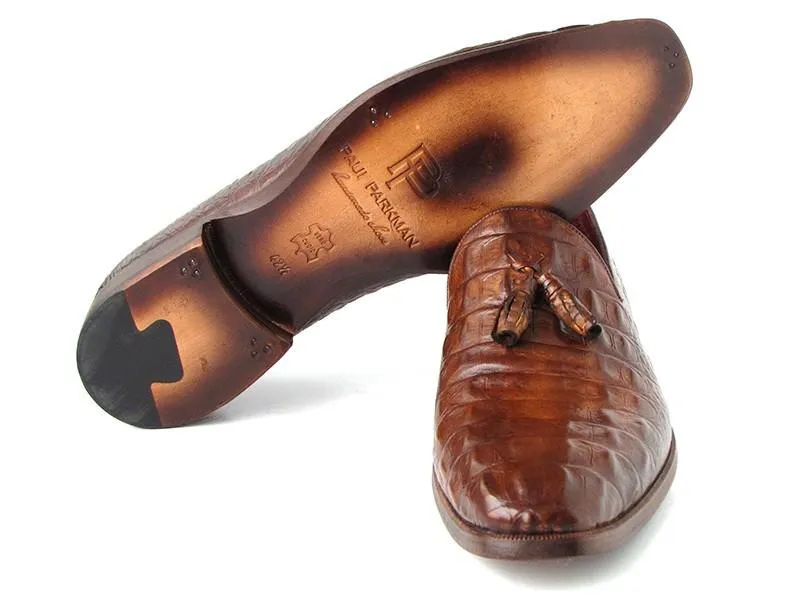 Paul Parkman Men's Brown Crocodile Embossed Calfskin Tassel Loafers