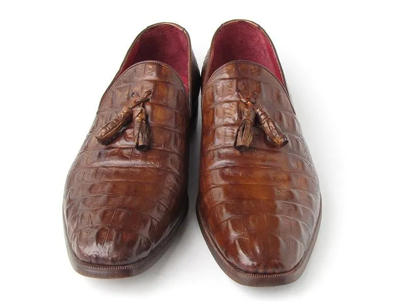Paul Parkman Men's Brown Crocodile Embossed Calfskin Tassel Loafers