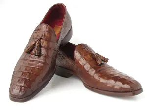 Paul Parkman Men's Brown Crocodile Embossed Calfskin Tassel Loafers