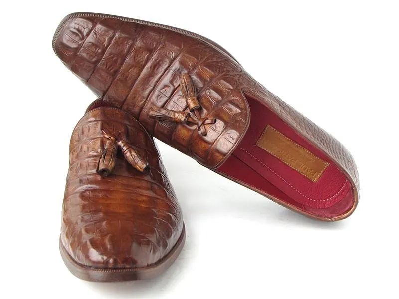 Paul Parkman Men's Brown Crocodile Embossed Calfskin Tassel Loafers