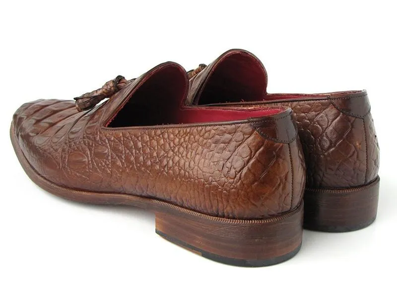 Paul Parkman Men's Brown Crocodile Embossed Calfskin Tassel Loafers