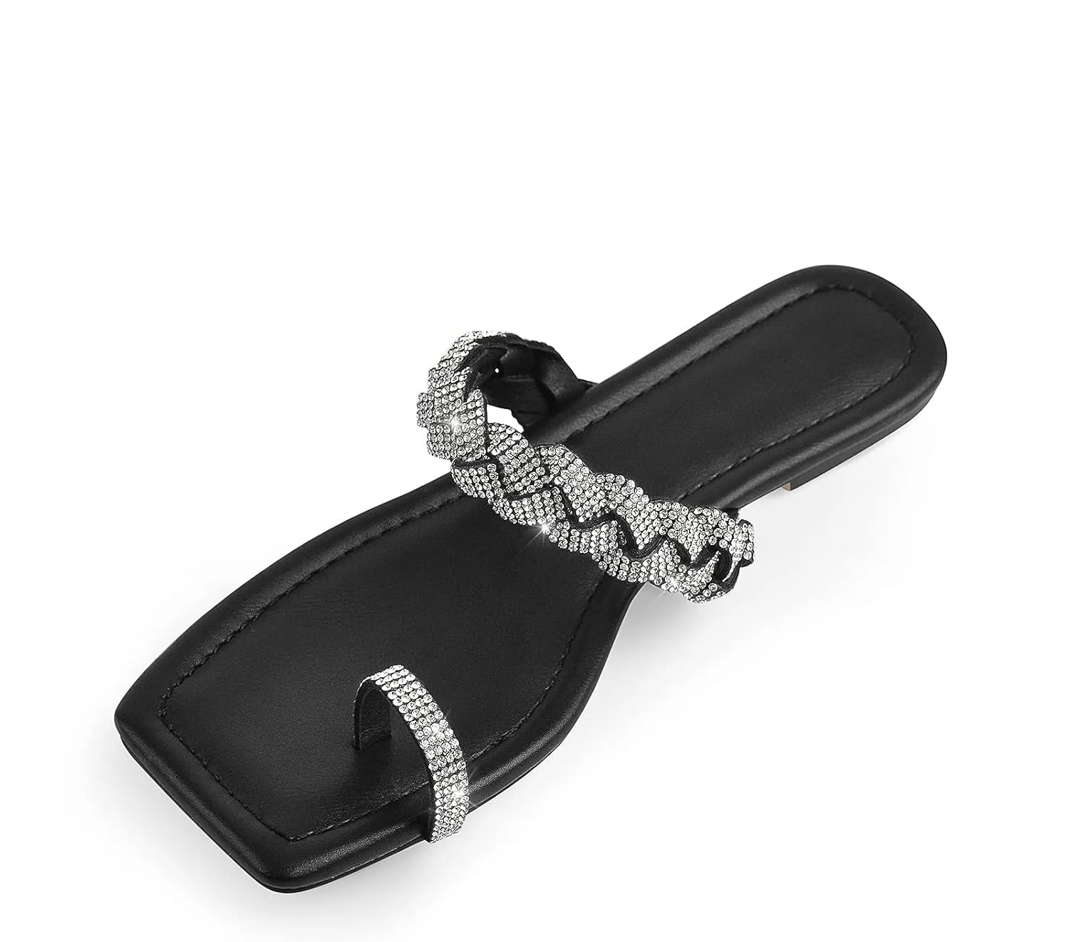 Richealnana Women's Toe Ring Rhinestones One Band Flat Sandals