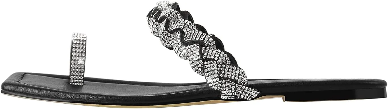 Richealnana Women's Toe Ring Rhinestones One Band Flat Sandals
