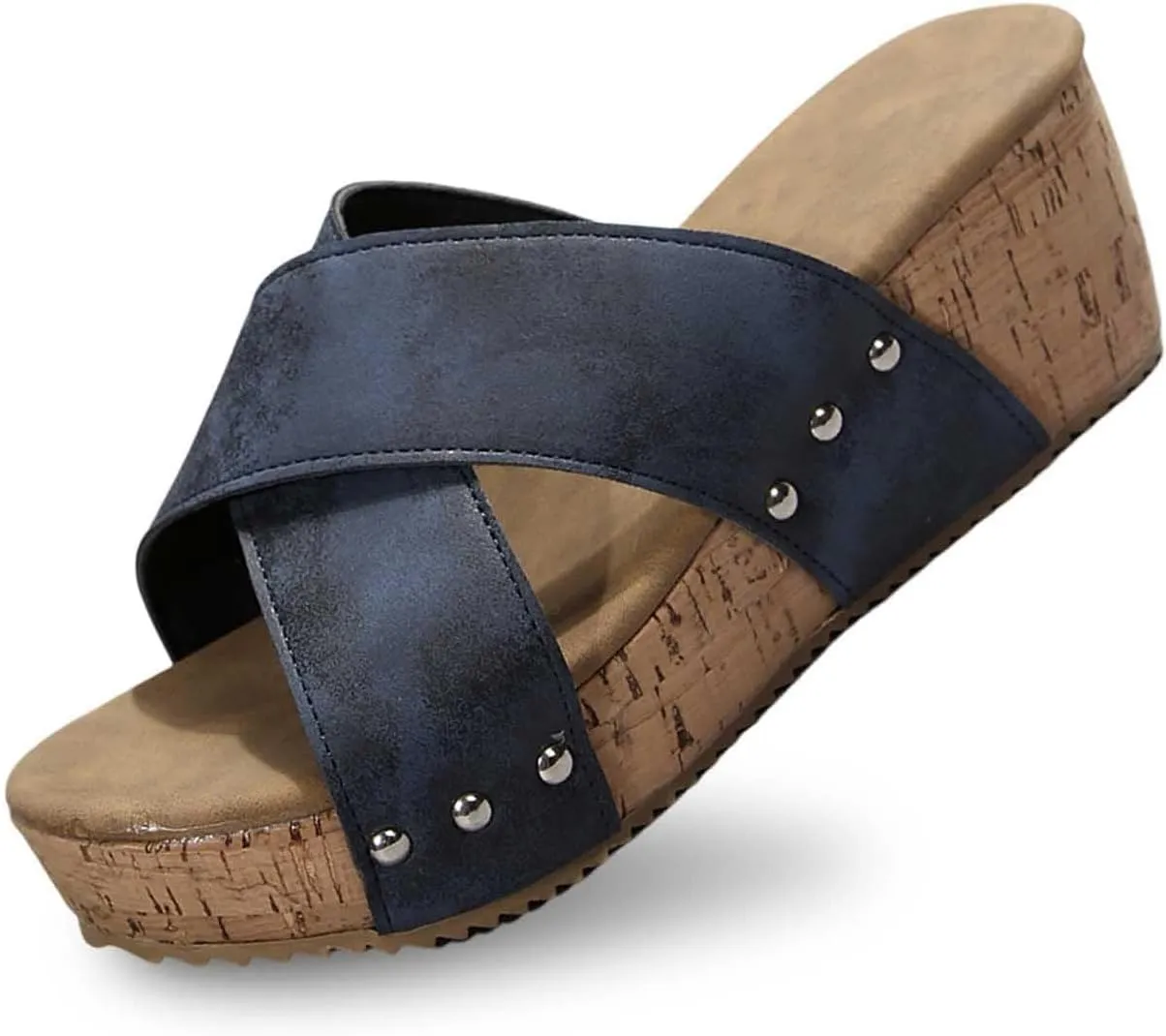 Summer Sandals for Women 2025 Zipper Rivet Buckle Strap Platform Sandals Open Toe Cork Heeled Mules Cross Leather Anti-Slip Shoes Comfort Lightweight Arch Support Slippers Vacation Beach Sandal