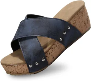 Summer Sandals for Women 2025 Zipper Rivet Buckle Strap Platform Sandals Open Toe Cork Heeled Mules Cross Leather Anti-Slip Shoes Comfort Lightweight Arch Support Slippers Vacation Beach Sandal