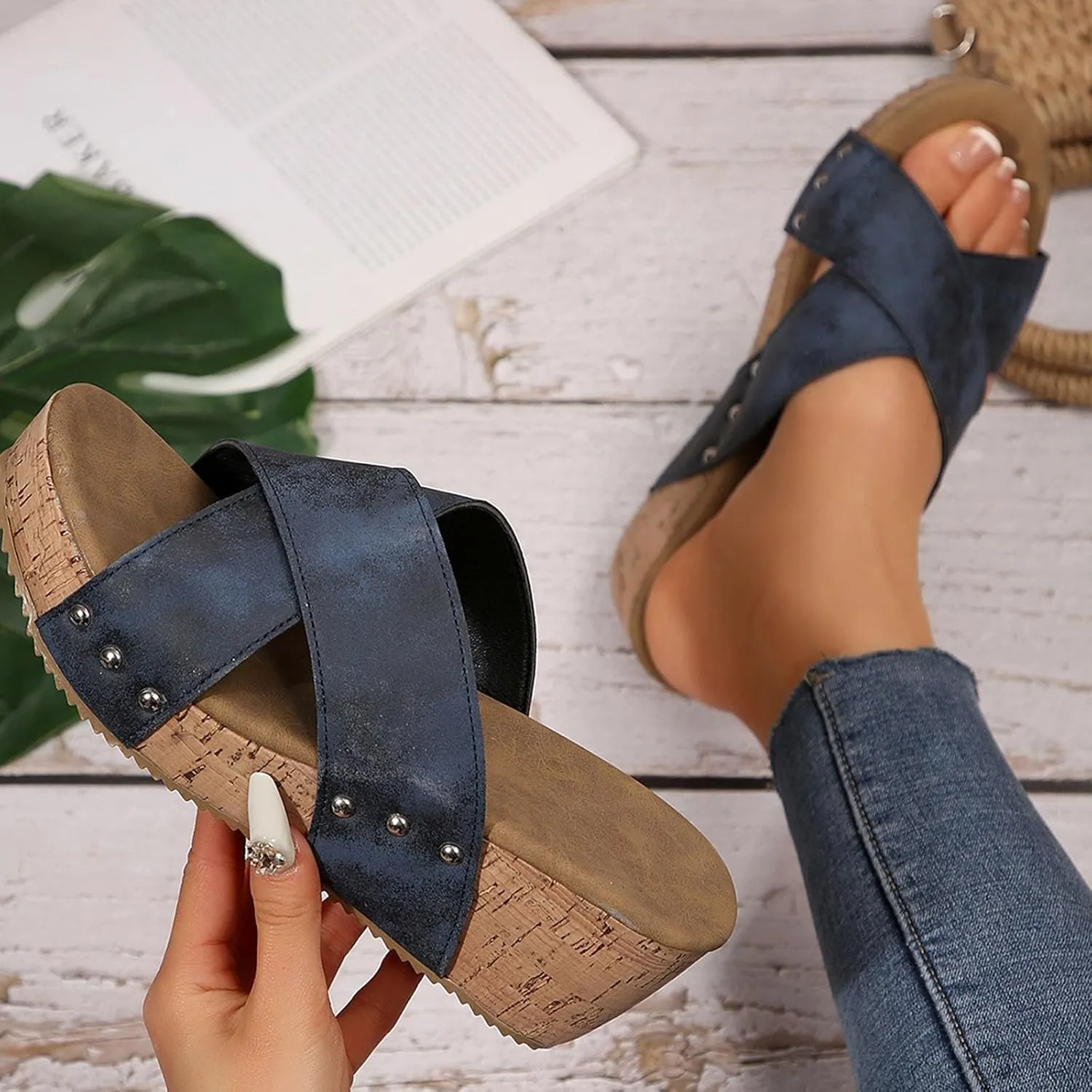 Summer Sandals for Women 2025 Zipper Rivet Buckle Strap Platform Sandals Open Toe Cork Heeled Mules Cross Leather Anti-Slip Shoes Comfort Lightweight Arch Support Slippers Vacation Beach Sandal