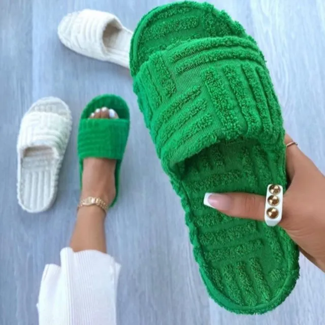 Thick Sole Women Slippers Green Corduroy Flat Outwear Ladies Slides Summer Autumn Runway Flip Flops Women