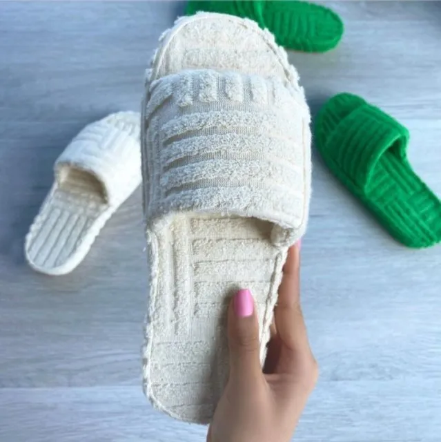 Thick Sole Women Slippers Green Corduroy Flat Outwear Ladies Slides Summer Autumn Runway Flip Flops Women