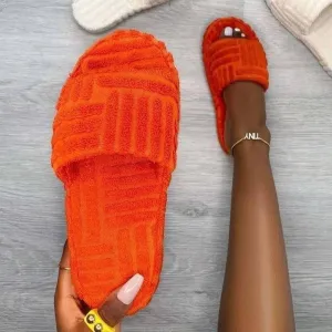 Thick Sole Women Slippers Green Corduroy Flat Outwear Ladies Slides Summer Autumn Runway Flip Flops Women