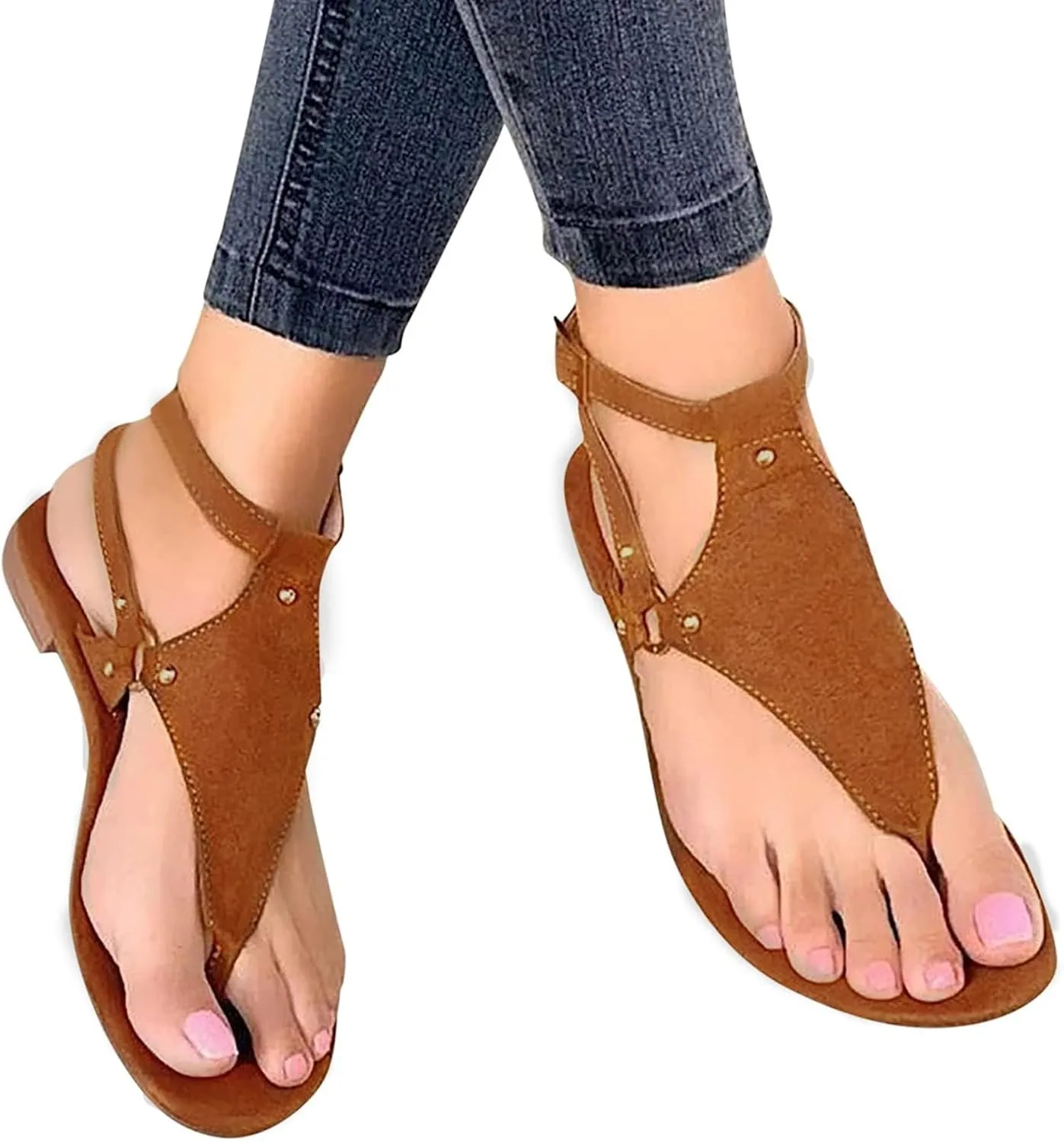 Thong Sandals for Women Summer Boho Beach Sandal Dressy Open Toe Sandals Buckle Ankle Strap Retro Non Slip Flip-Flops Comfortable Casual Walking Shoes