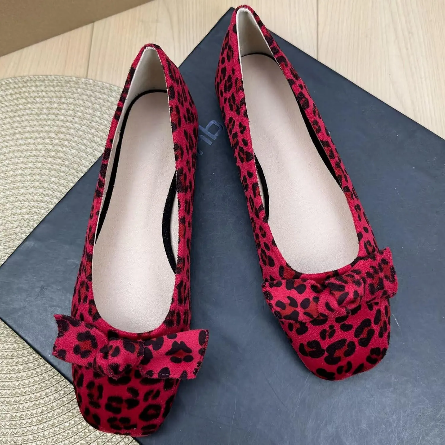 TN TANGNEST Cute Bowtie Ballets Flats for Women Slip on Square Toe Anti-Slip Dressy Bowknot Flat Shoes