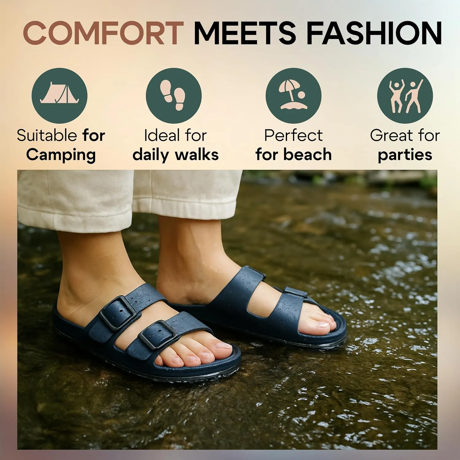 Trailvia Comfortable Footbed Sandals for Men & Women  Adjustable Buckle & Arch Support, Waterproof Summer Slides for Outdoor, Beach & Everyday Adventures