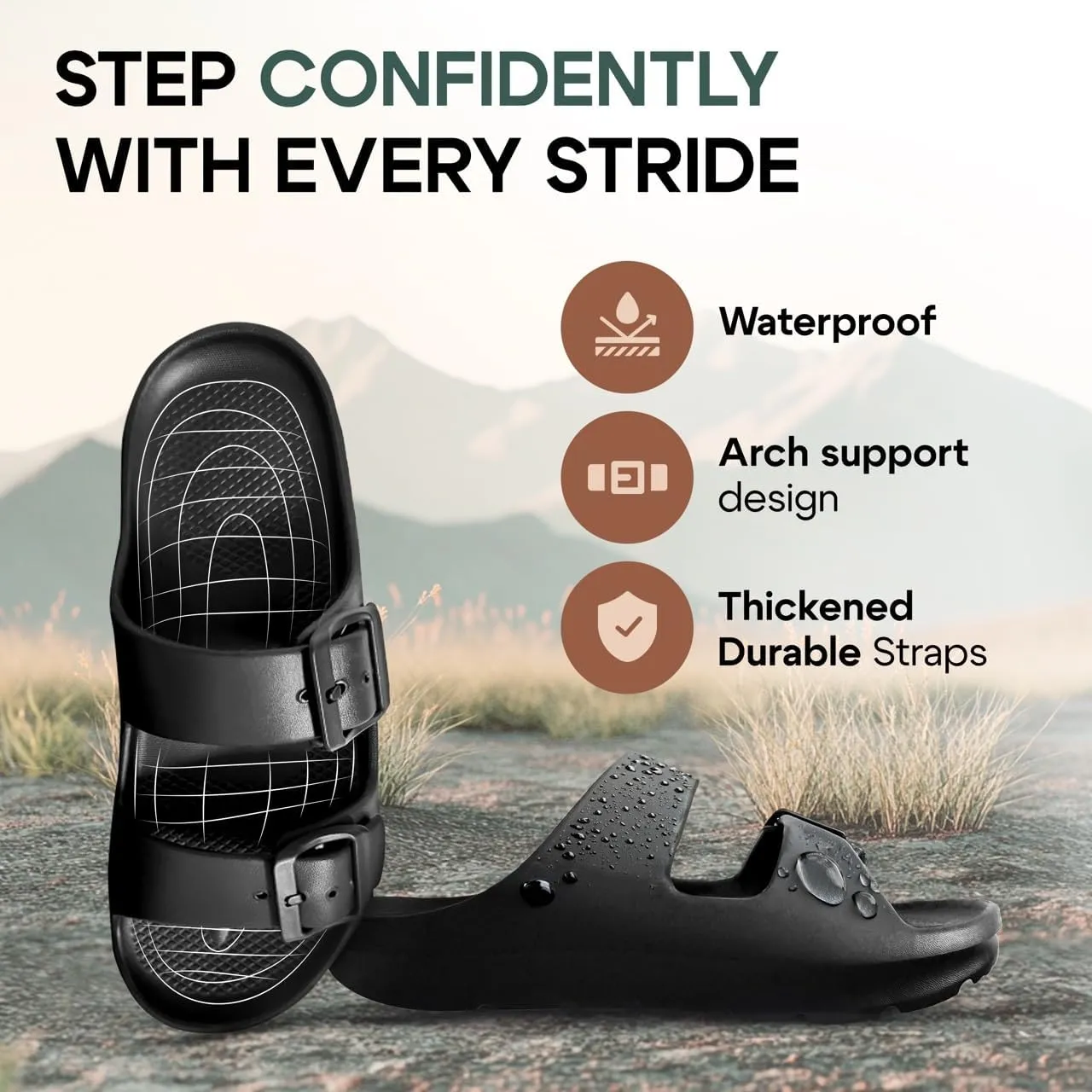 Trailvia Comfortable Footbed Sandals for Men & Women  Adjustable Buckle & Arch Support, Waterproof Summer Slides for Outdoor, Beach & Everyday Adventures