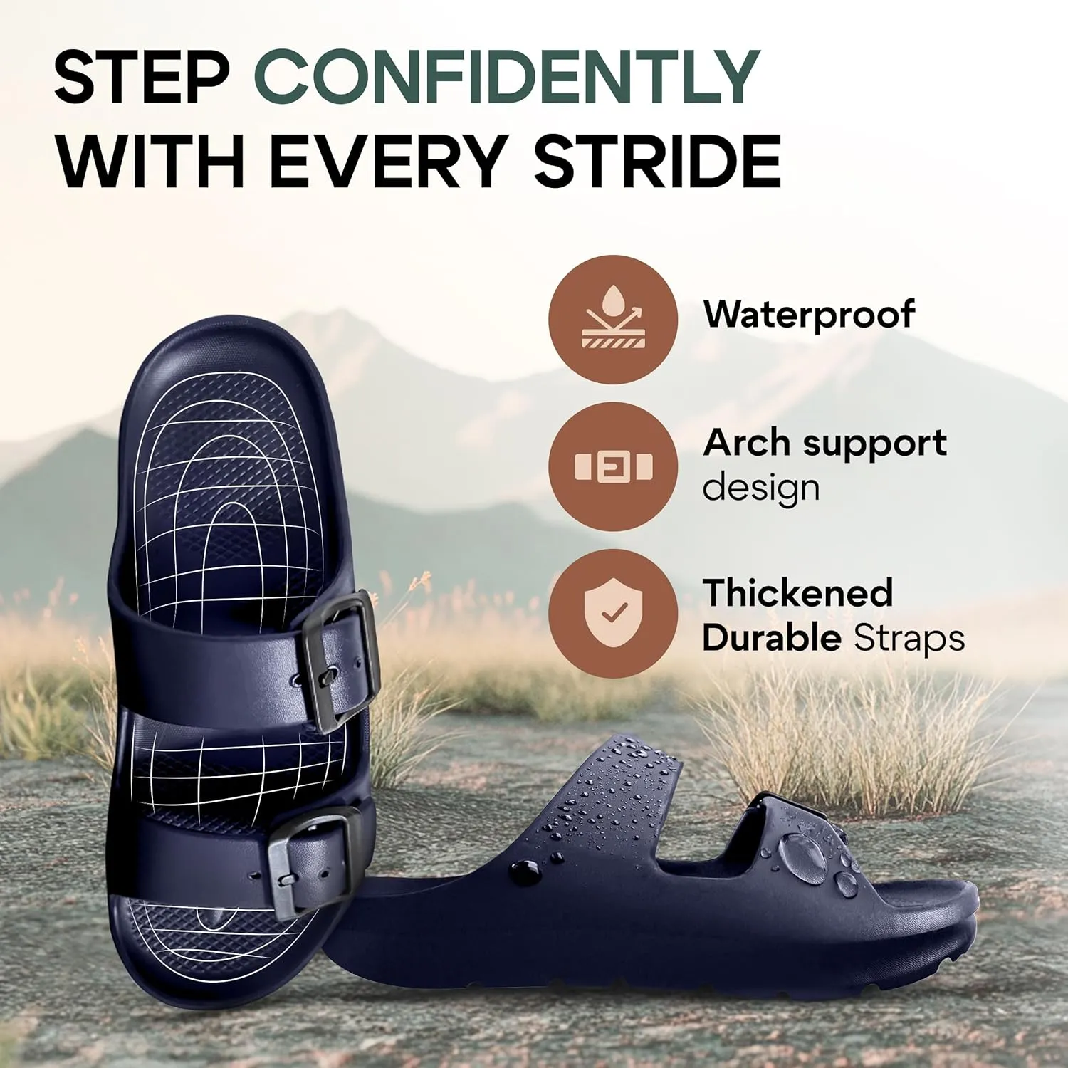 Trailvia Comfortable Footbed Sandals for Men & Women  Adjustable Buckle & Arch Support, Waterproof Summer Slides for Outdoor, Beach & Everyday Adventures