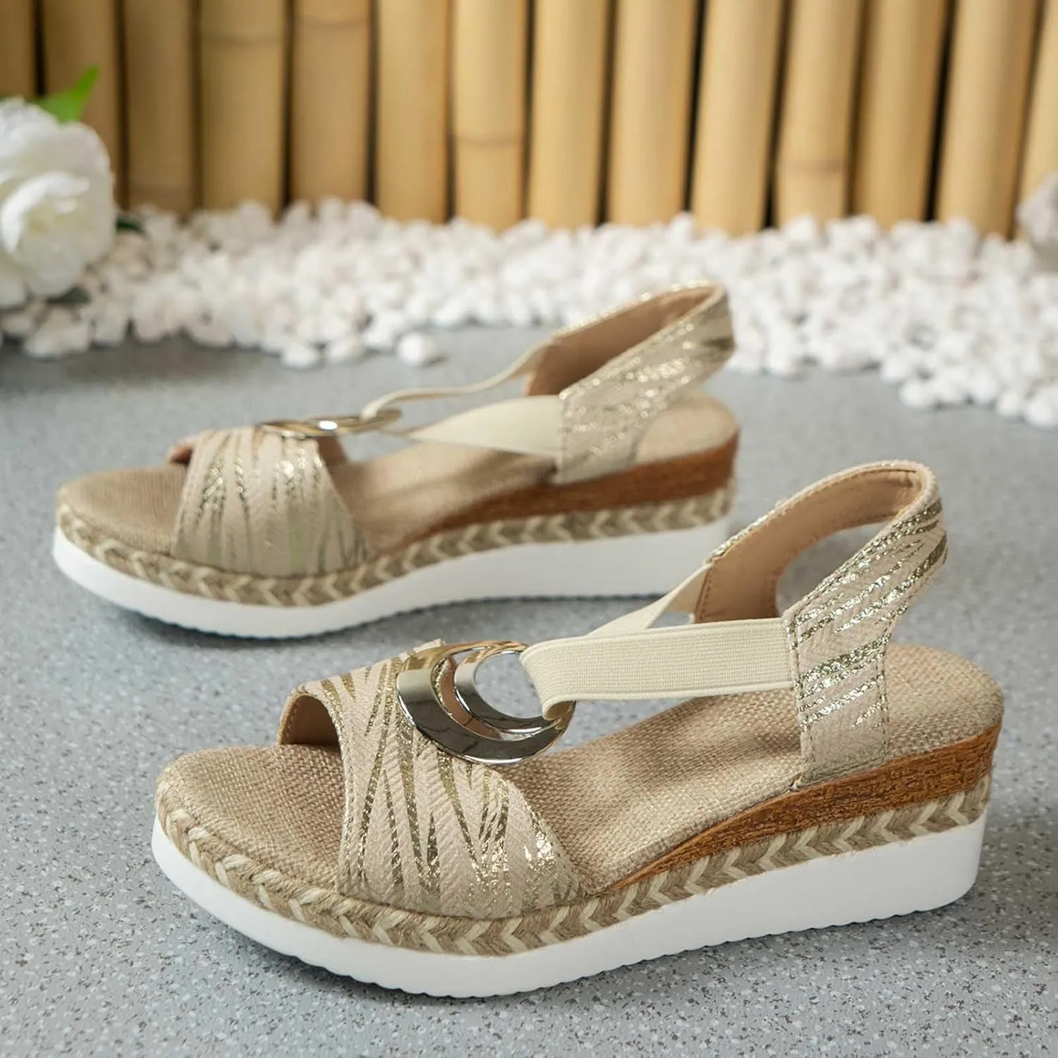 Wedge Sandals for Women 2025 Summer Platform Sandals Fashion Metal Decoration Wedges Open Toe Ankle Strap Sandal Casual Beach Slip On Shoes All Day Comfort