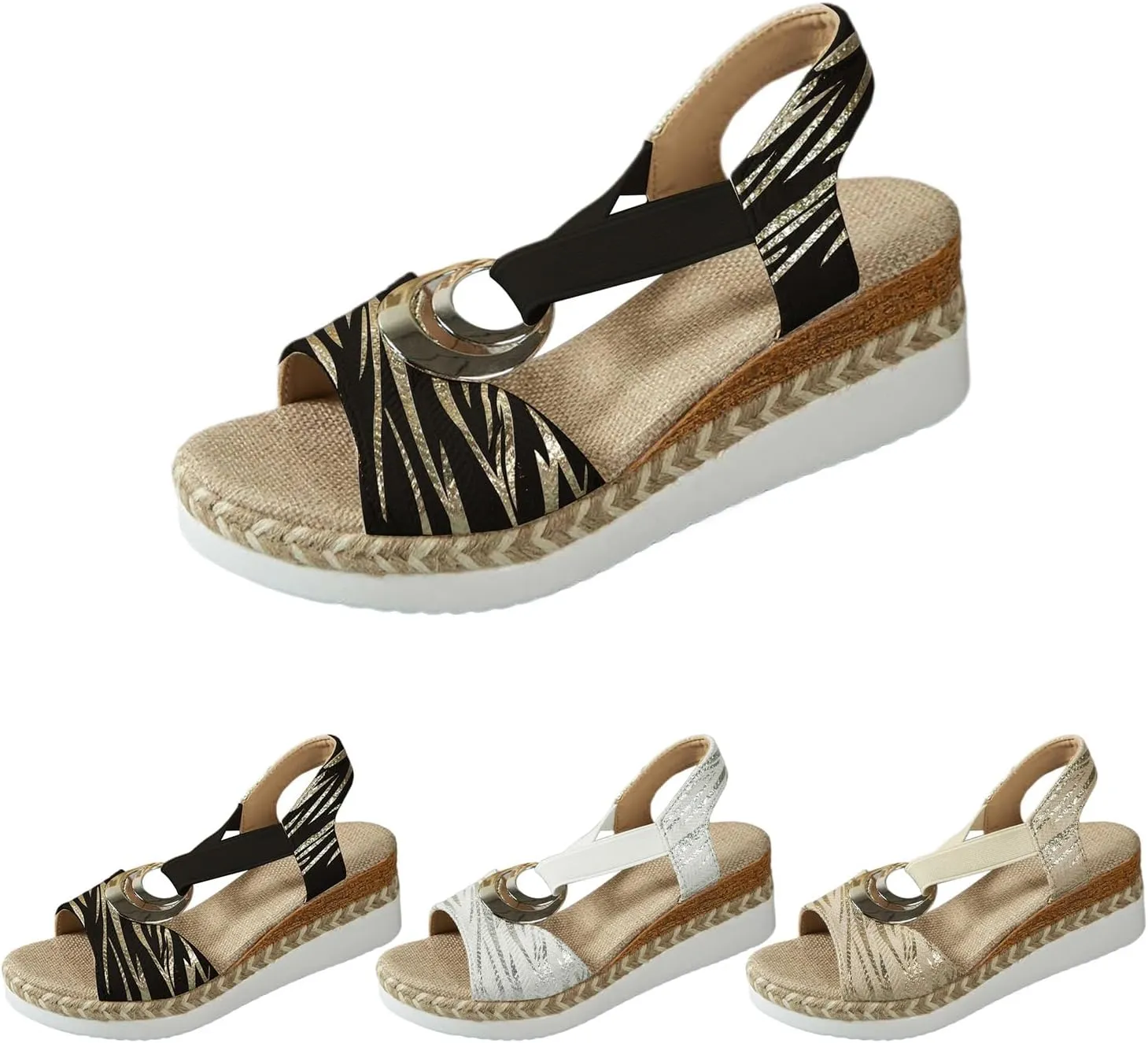 Wedge Sandals for Women 2025 Summer Platform Sandals Fashion Metal Decoration Wedges Open Toe Ankle Strap Sandal Casual Beach Slip On Shoes All Day Comfort