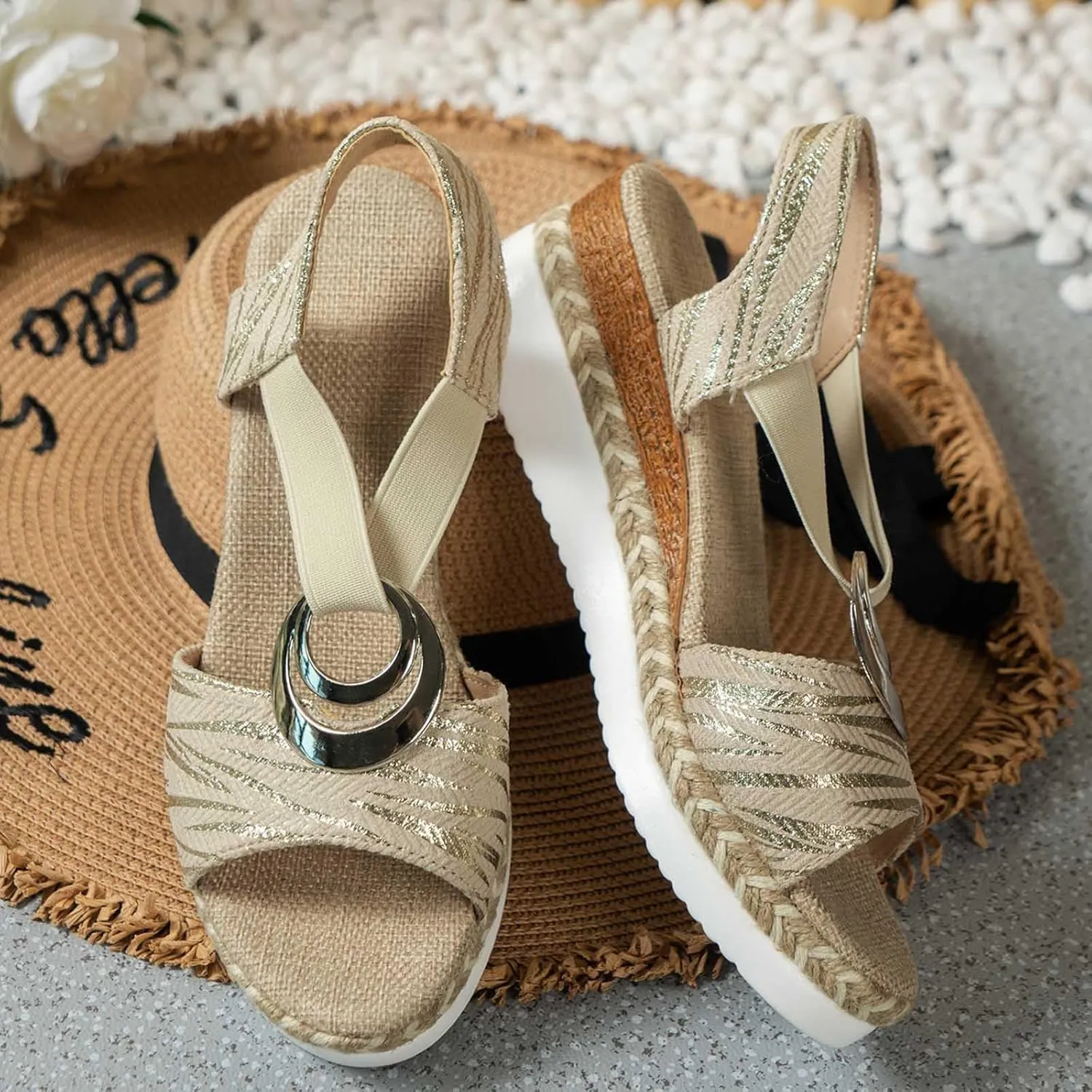 Wedge Sandals for Women 2025 Summer Platform Sandals Fashion Metal Decoration Wedges Open Toe Ankle Strap Sandal Casual Beach Slip On Shoes All Day Comfort